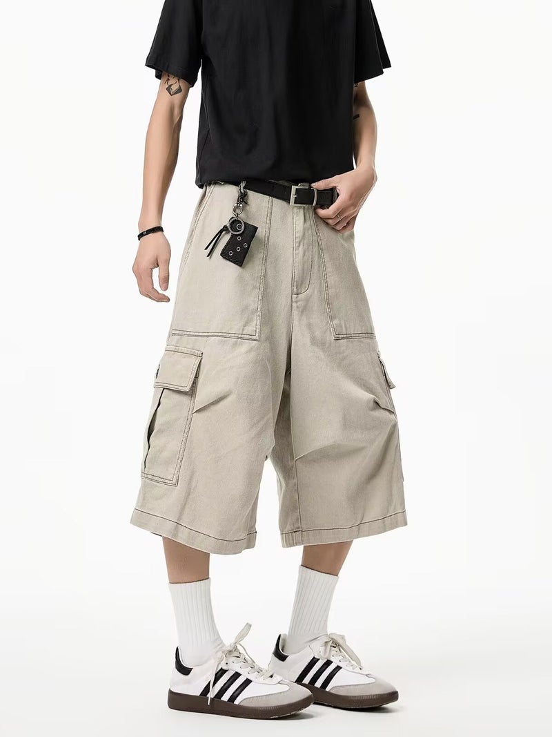 American Style Retro Large Pocket Pleated Logging Tooling Jeans Trendy Brand All-Match Loose Wide-Leg Casual Shorts For Men And Women - Image 2